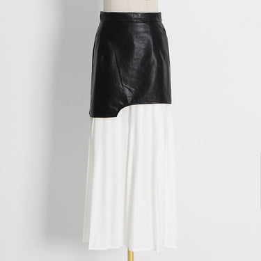Mid Length Pleated Leather Skirt Spring High Waist Stitching Mesh Skirt Women